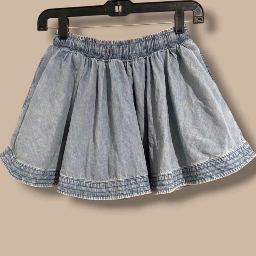 Mini Boden Girls 9-10 Blue Chambray Cotton Flowy Mini Skirt Kids Summer
